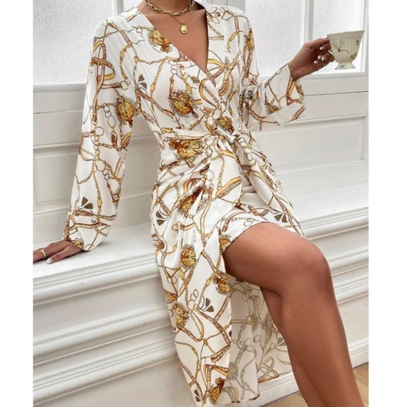 Tie Front Chain Print Asymmetrical Hem long sleeve Midi Dress - Picture 5 of 6